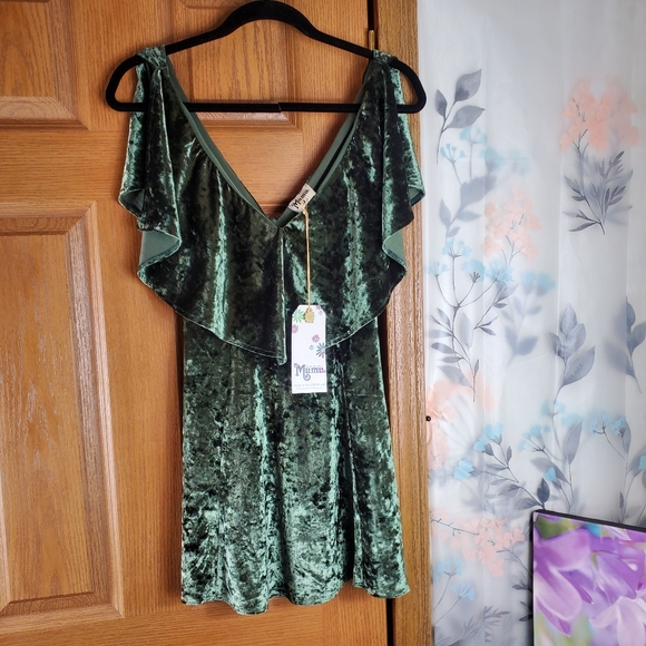 NWT SMY MuMu Green Velvet plunging V neck open back mini Swing dress Size small - Picture 5 of 7